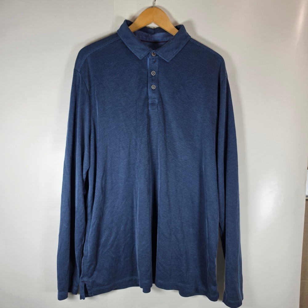 Tommy Bahama Mens XL Blue Long Sleeve Polo Shirt Tencel Modal Blend Textured Log